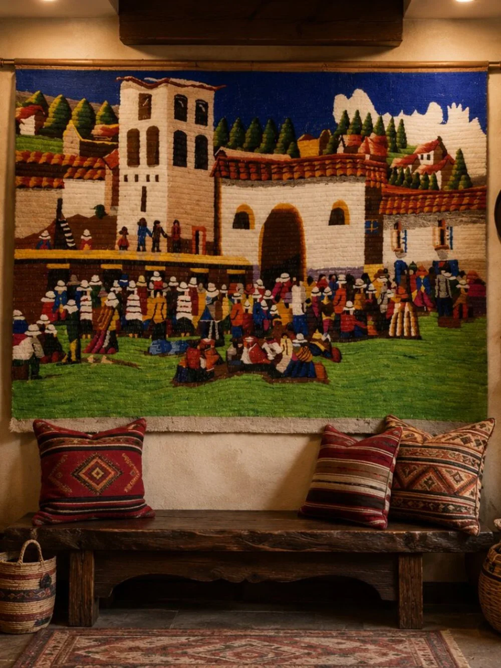 Extra Large Peruvian Andean Tapestry Wall Hanging – Handmade Village Scene Texti